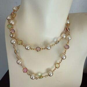 Vintage Austrian Crystal pastels multi color gold chain necklace rock candy ~36”